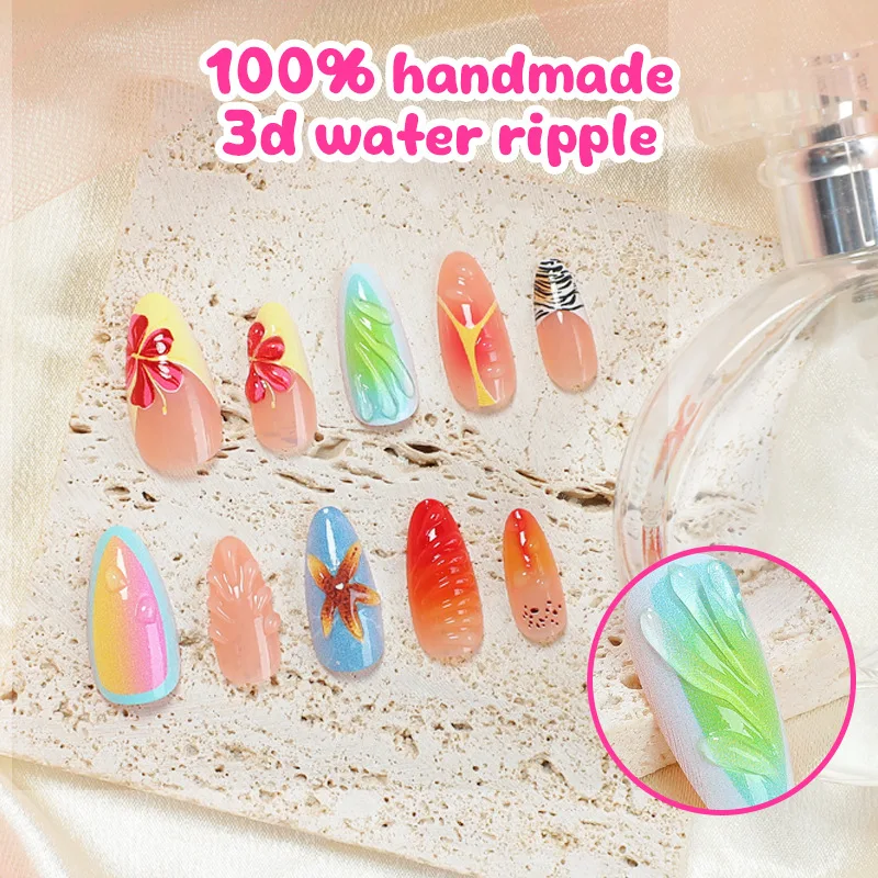 24pcs 3D Starfish French False Y2k Nails Press On Acyrlic Nails Crystal Stripe Decor Long Almond Gradient unghie finte rimovibili