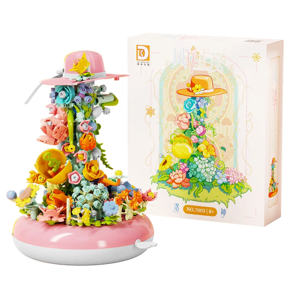 

Цветочные строительные блоки, соломенная шляпа от солнца, роза, подсолнух, тюльпан, красный, синий, розовый, оранжевый, желтый, заводная игрушка, рождественские подарки для девочек
