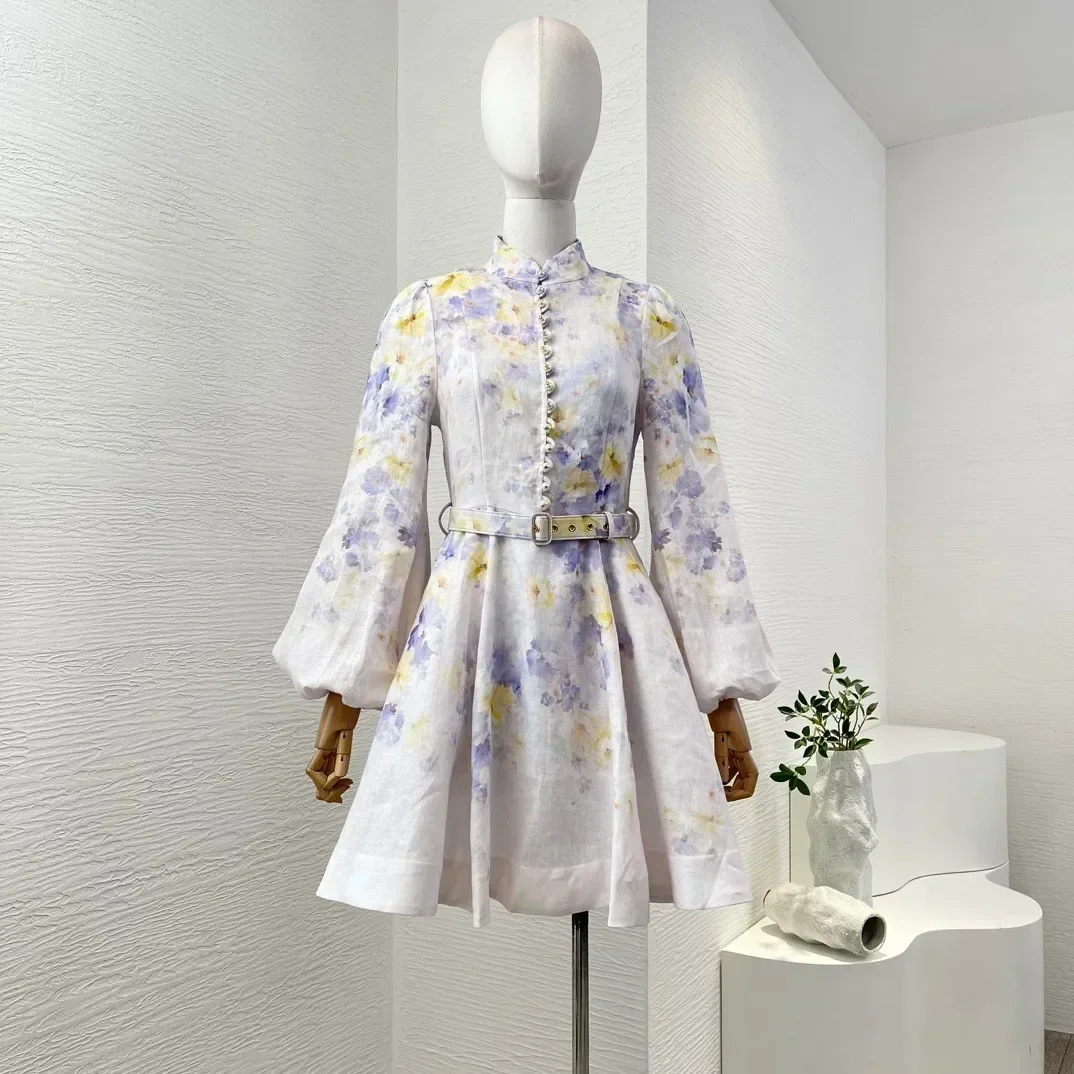 2024 New Autumn Linen Light Purple Violet Yellow Floral Print Long Sleeve Mini Dress for Women