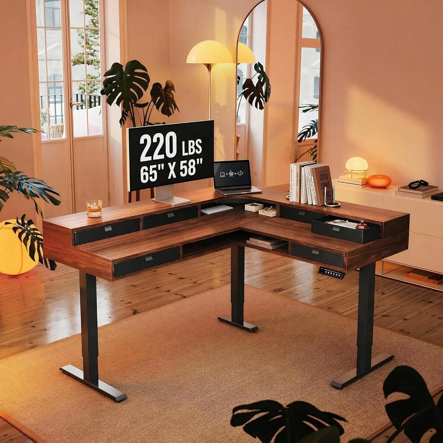 L Shaped Standing Desk With 6 Drawers & 2-Tier Storage, Walnut, 65 Inch, Customized