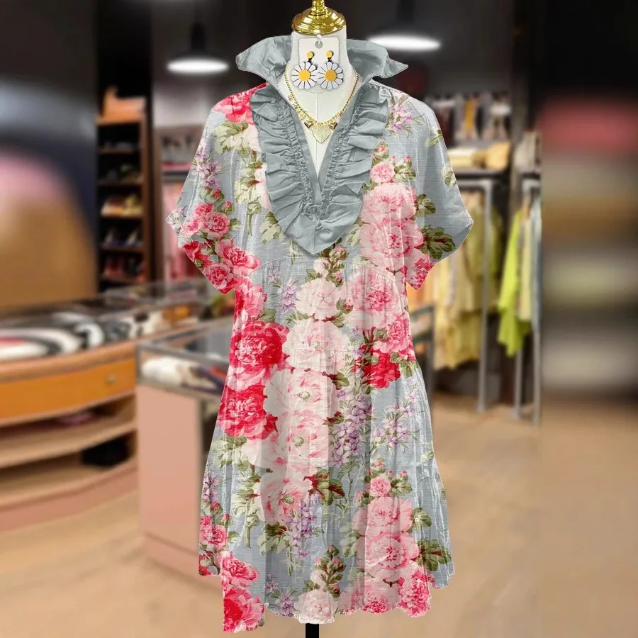 2026 Women's Clothing V-neck Lace Short Sleeve Digital Print Floral Dress