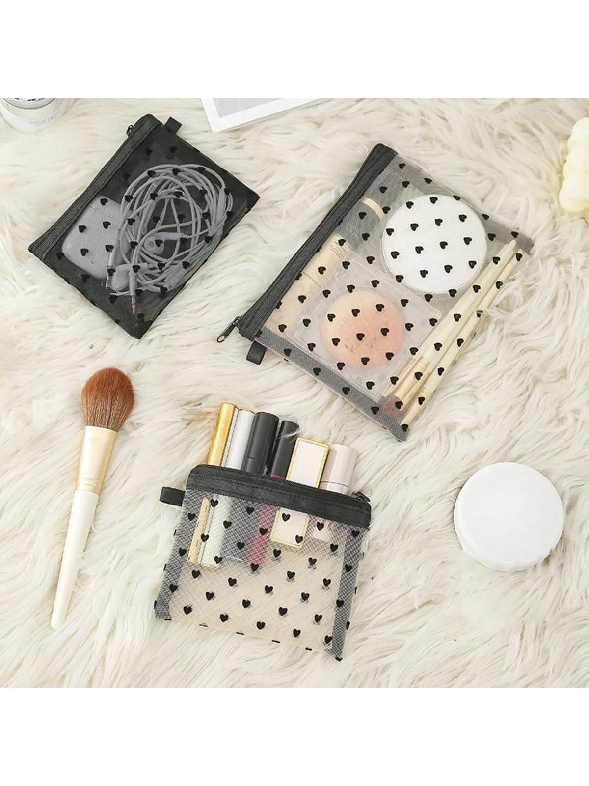 Transparent Mesh Cosmetic Travel Bags Heart Shaped Printed Makeup Bag Portable Travel Organizer Bag Lipstick Storage Pouch