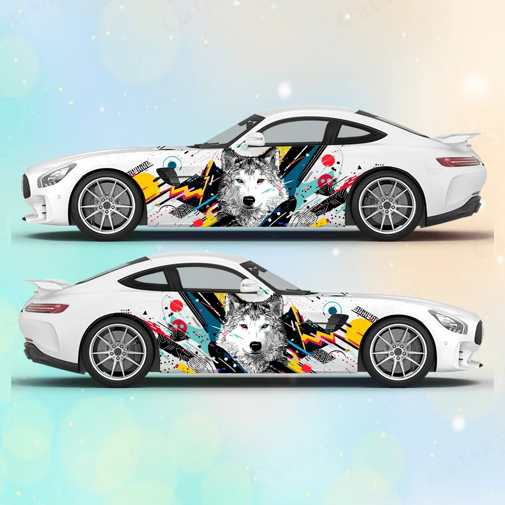 2PCS Pop art square lightning block anime wolf sticker full body floral decoration scratch cover car sticker waterproof car viny