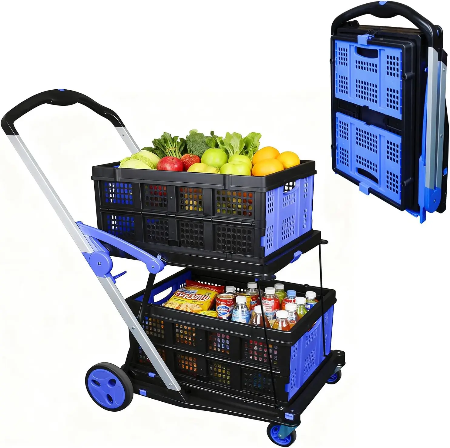 

Тележка для покупок с 2 ящиками для хранения, многофункциональная двухъярусная складная тележка с поворотом на 360 градусов ° Складная тележка с поворотными колесами для тяжелых условий эксплуатации