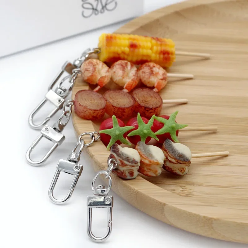 LLavero de brochetas de barbacoa de comida de simulación, vieira, tomate, camarones, maíz, albóndigas, llaveros de coche, accesorios de joyería, regalos