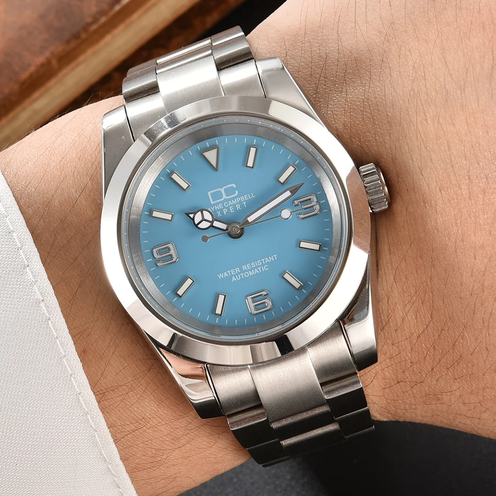 39 مللي متر NH35 ساعة رجالي الشؤون التجارية "DC" شعار الغوص الحركة التلقائية 316L الفولاذ المقاوم للصدأ الزجاج المعدني مقاومة للماء