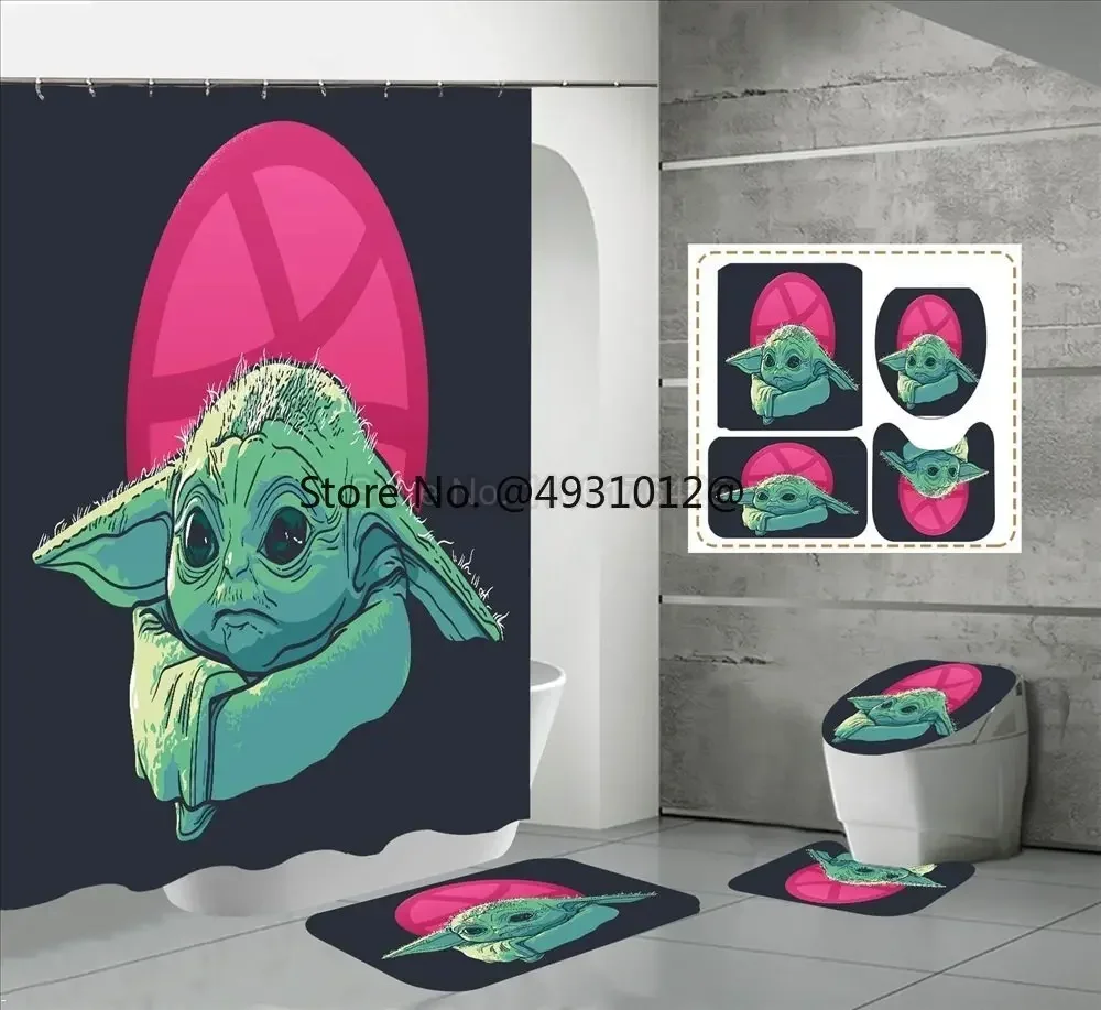 Anime Yoda Baby Cute Shower Curtain Set 4pcs Waterproof Washable Bathroom Drapes Anti-slip Rug Toilet Lid Cover Bath Mat Set