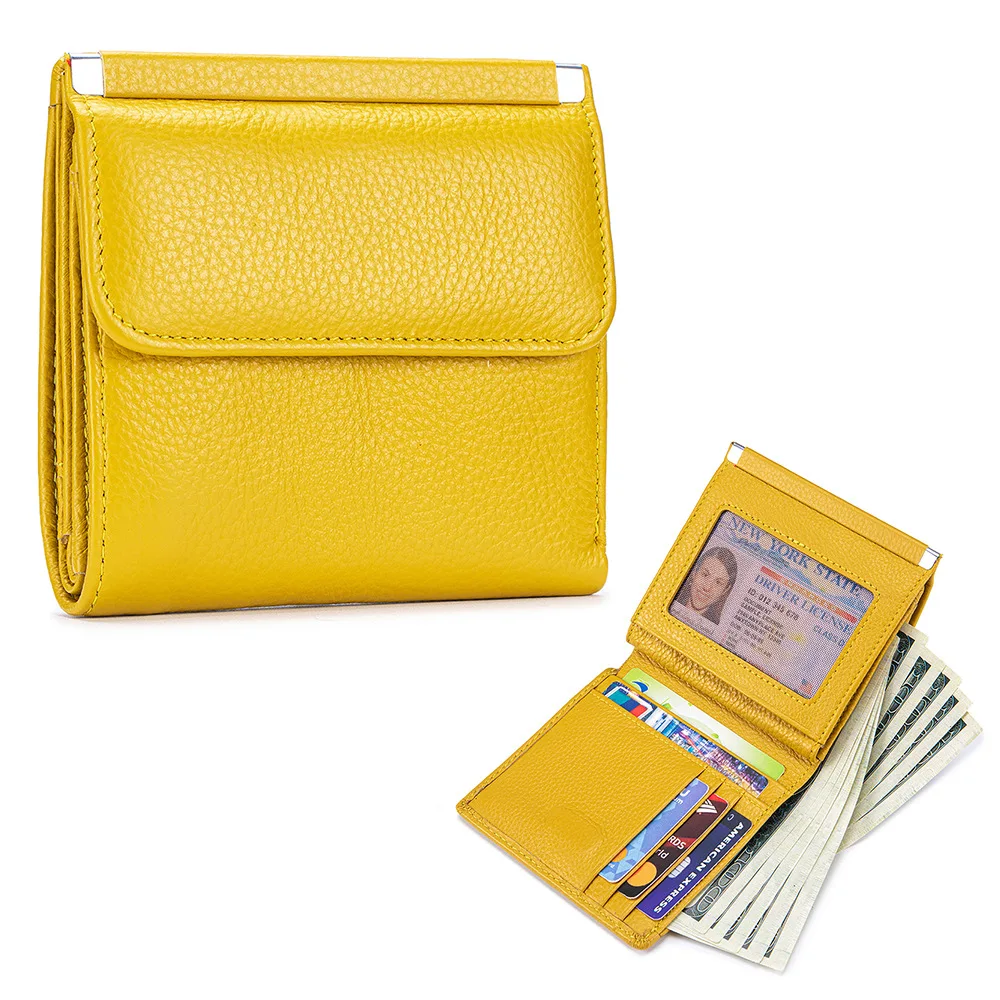Genuine Leather Slim Thin Bifold Wallets Minimalist Front Pocket Wallets for Women Brand Magnetic Buckle Purses with Coin Pocket