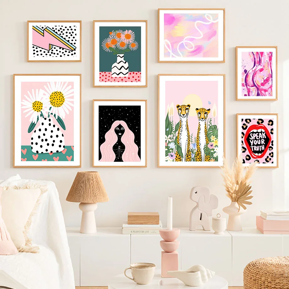 

Floral Cheetah Wall Art Print - Vase Flower Moon Goddess Canvas Painting Love Quotes Nordic Living Room Decor Poster