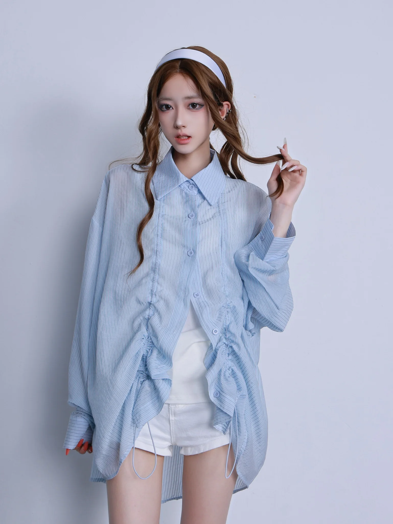 2026 Summer Women's Casual Loose Long Sleeve Shirt Stripe Drawstring Pleated Shoulder Drop Sun Protection Outerwear Coat