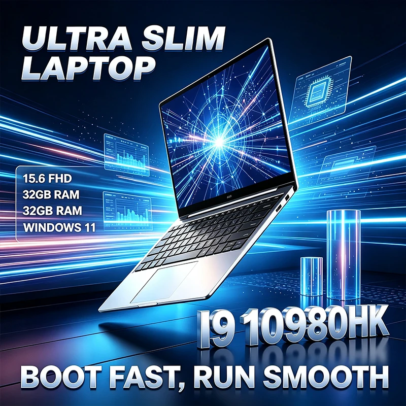 Laptop ultrafino de 15,6" com processador Intel i9-10980HK, ecrã IPS FHD de 120 Hz, 32 GB de RAM, 2 TB de armazenamento, teclado retroiluminado, bateria de longa duração, sistema operativo Windows 11.