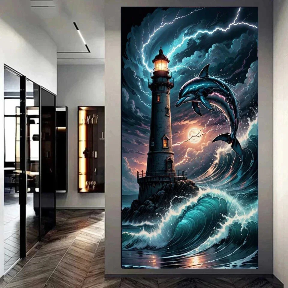 Lighthouse Huge Wave Landscape Large 5D DIY Diamond Painting Sea Dolphin Full Square Round Mosaic Diamond Embroidery Cross Stitc