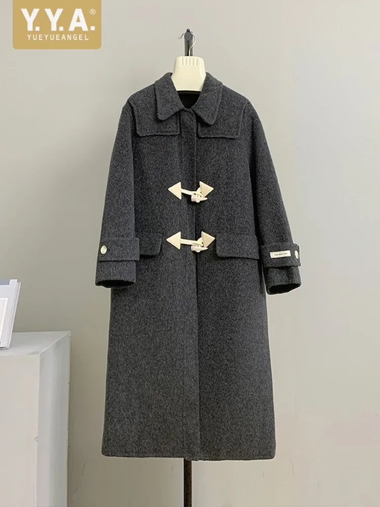 Autumn Winter Women Vintage Horn Button Double Faced Wool Coat Long Wool Blends Fashion Loose Fit Thick Windbreaker Trench Coat