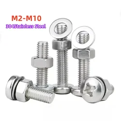 Phillips Pan Head Screw M2-M10 Three-Piece Combination 304 Stainless Steel Screw Nut Washer Set Round Head Cross Bolt