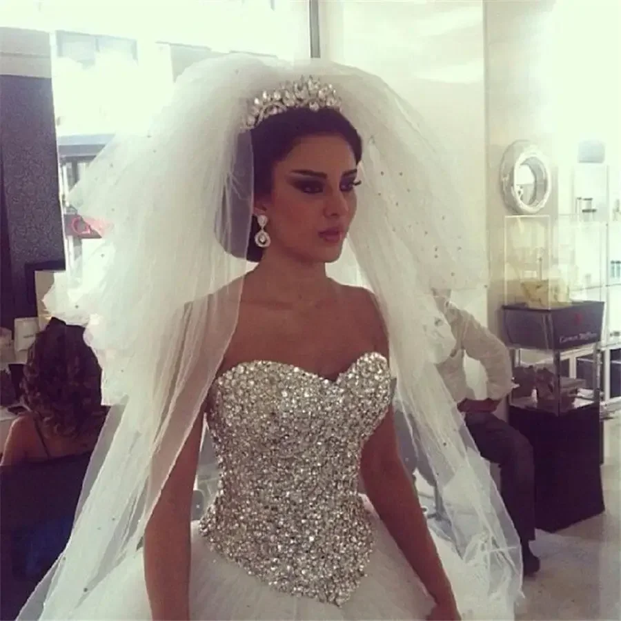 Personalizar vestido de casamento longo sweetehart sem mangas vestido de baile bling miçangas tule vestidos de noiva robe de mariage