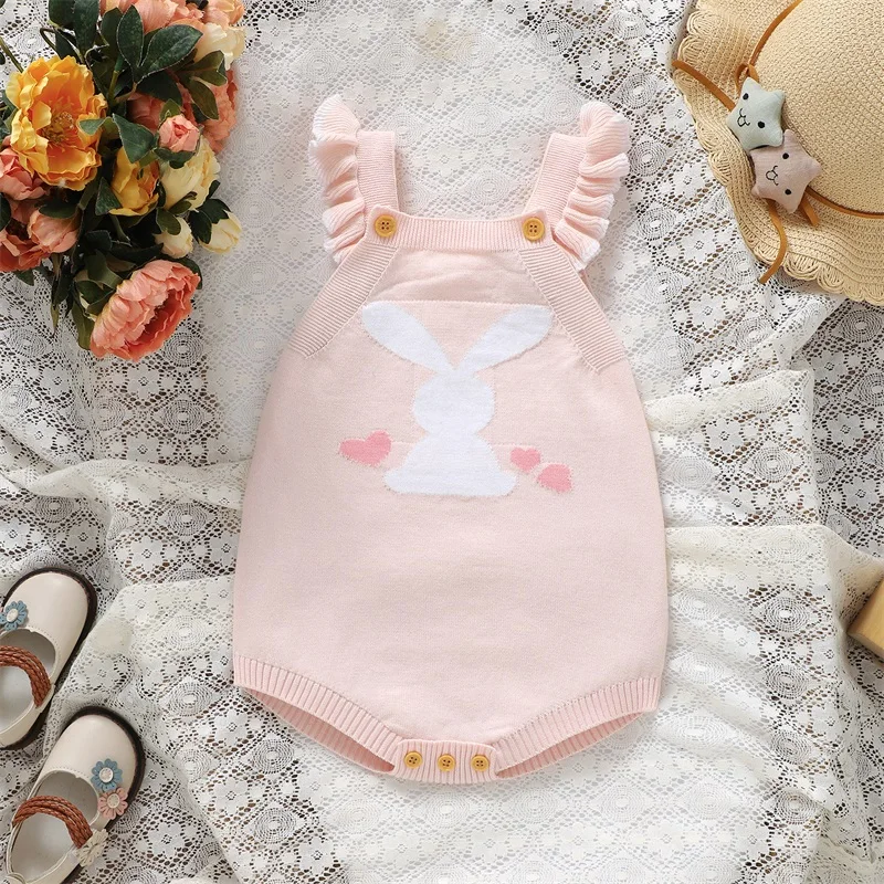 

2023-12-29 Lioraitiin 0-18M Baby Girls Knit Romper Easter Clothes Sweet Sleeveless Bodysuit Rabbit Fall Knitwear Infant Clothing