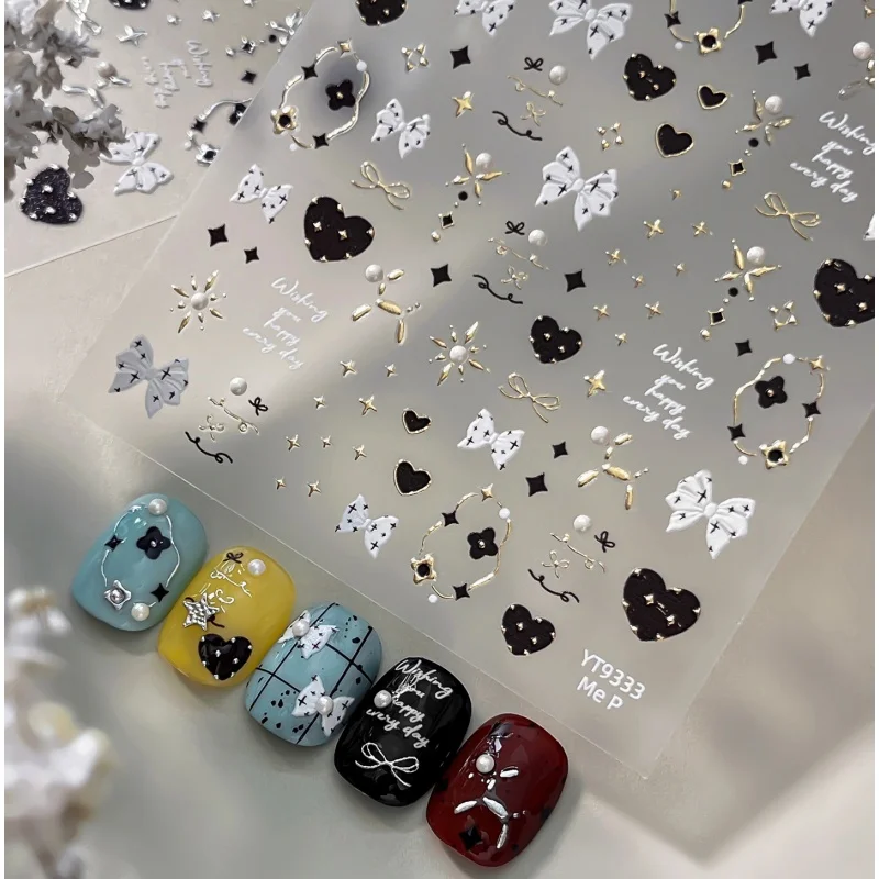 French Leopard Print Ribbon Nail Stickers Cute Bowknot Pearl Star Love Coloful Polka Dot Bow Tie DIY 3D Nail Art Stickers Decals