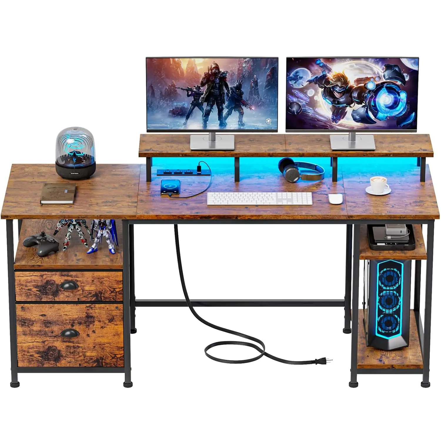 

61" Computer Desk with Power Outlet & LED Lights, Reversible Gaming Desk with File Cabinet & Monitor Stand, Customized