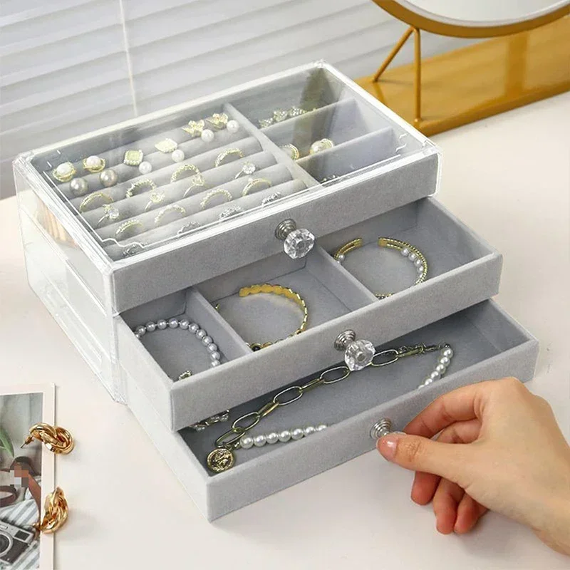 

Acrylic Velvet Jewelry Organizer with 3 Drawers Stackable Display Storage Earrings Necklace Bracelets Box Holder Case for Women