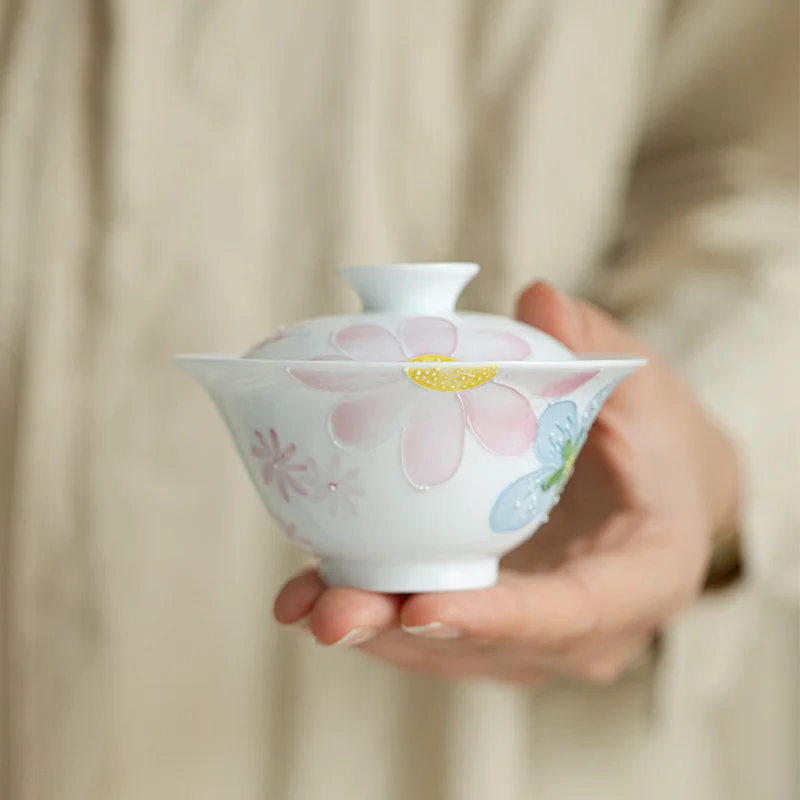 Jade Clay White Porcelain Thin Body Hand-painted Arita-yaki Full Flower Covered Bowl Kung Fu Tea Set Household Ceramic Imitation