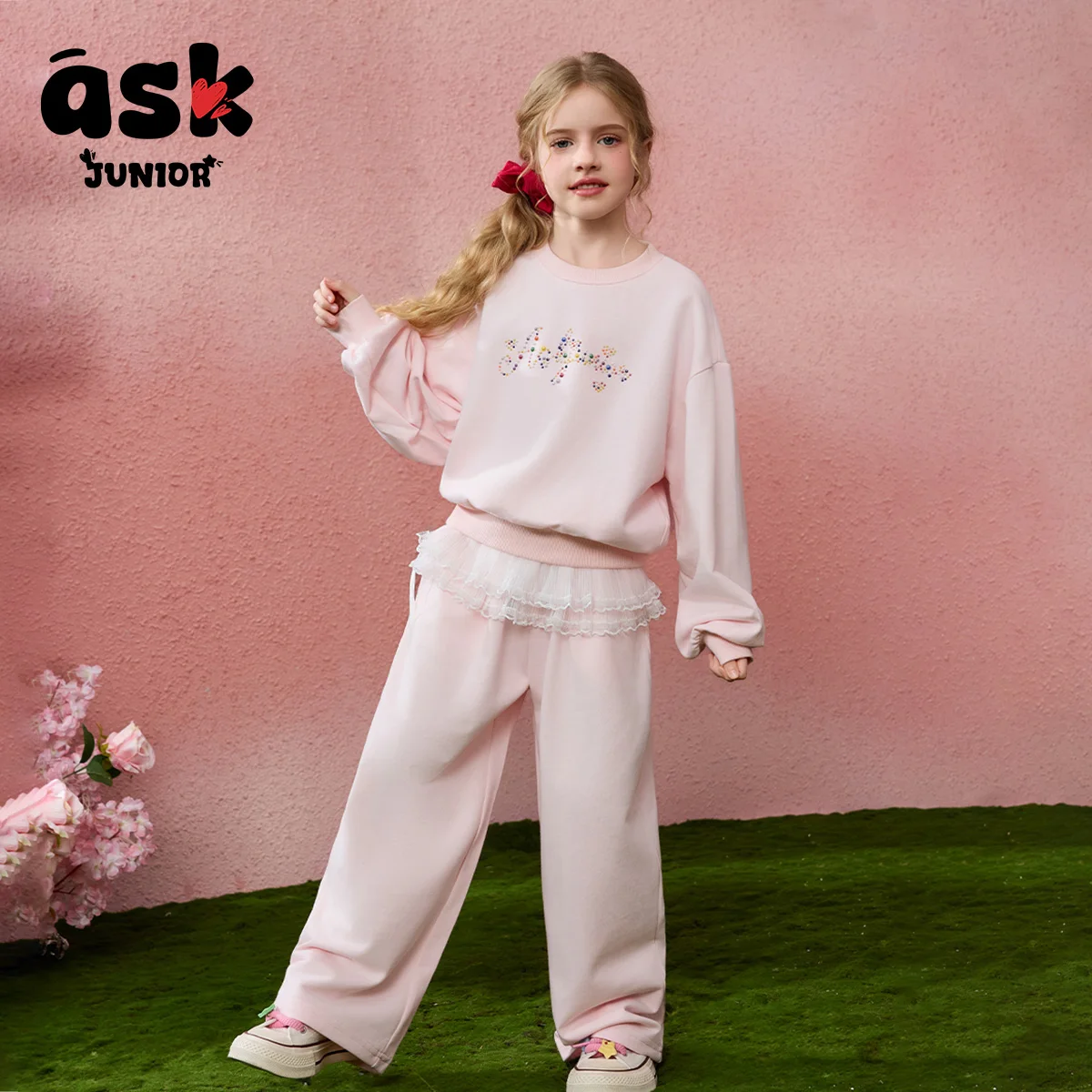 اسأل جونيور [بدلة أطفال] بلوفر ربيعي للفتيات برقبة دائرية وأكمام طويلة وسراويل مستقيمة وبنطلون من قطعتين