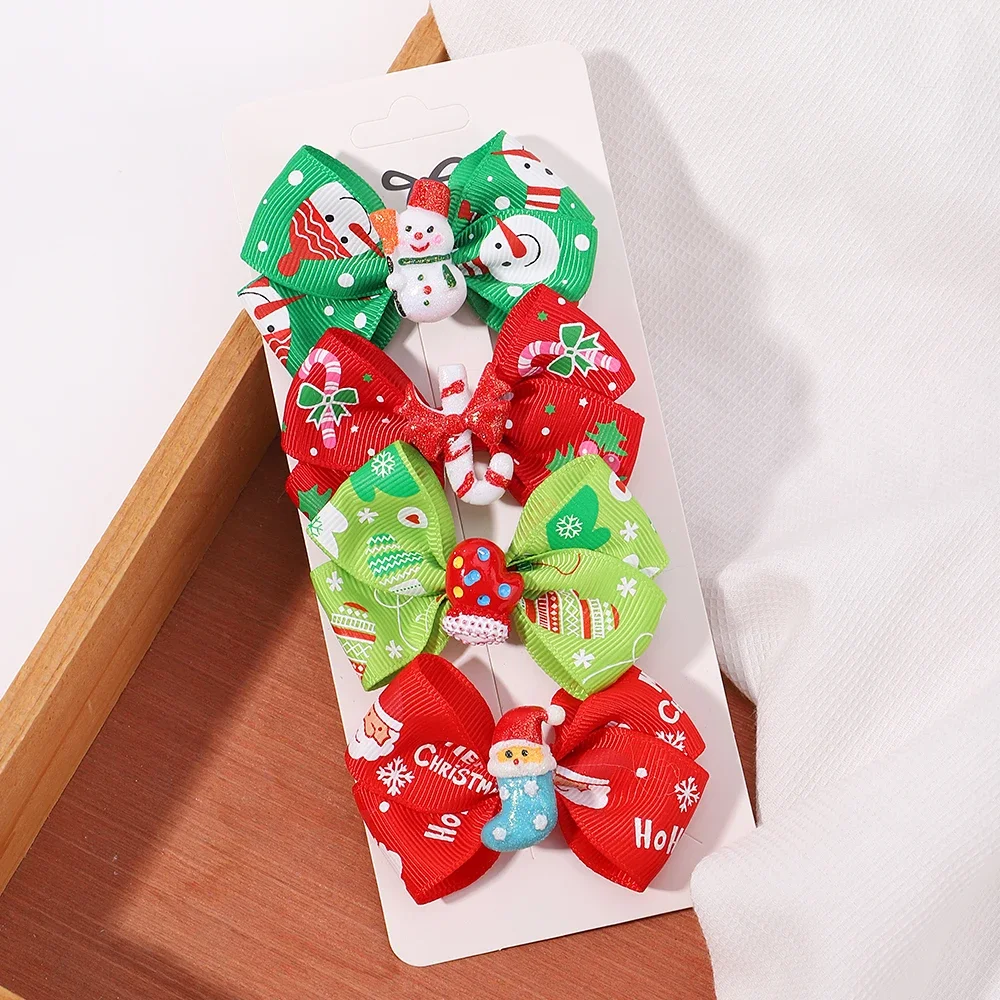 4Pcs/set Christmas Hairpin Set Cartoon Santa Claus Bowknot Hairclip for Children Party Cheer Headwear Baby Hair Accessories