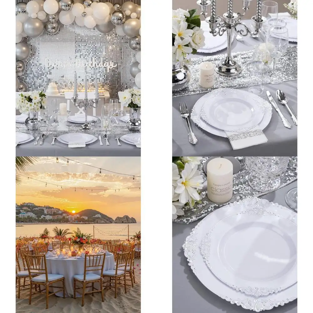 

Set of 350 Silver & White Disposable Dinnerware for 50 People: 100 Plates, 150 Cutlery, 50 Cups, 50 Napkins