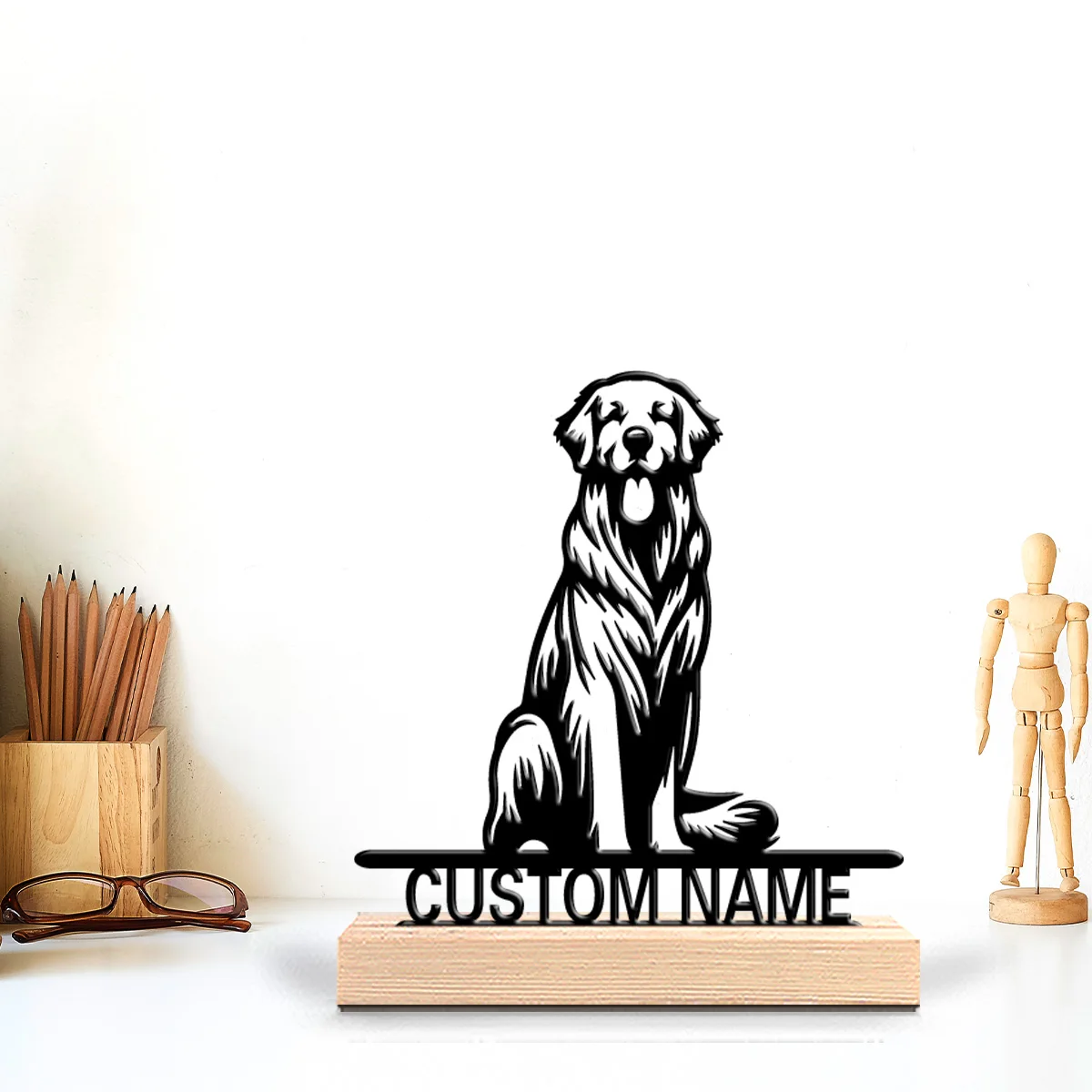 1pc Minimalist dog Personalized Name Metal Statue Metal Ornament Art Figurine With Wood Base Iron Ornament For Girl Gifts
