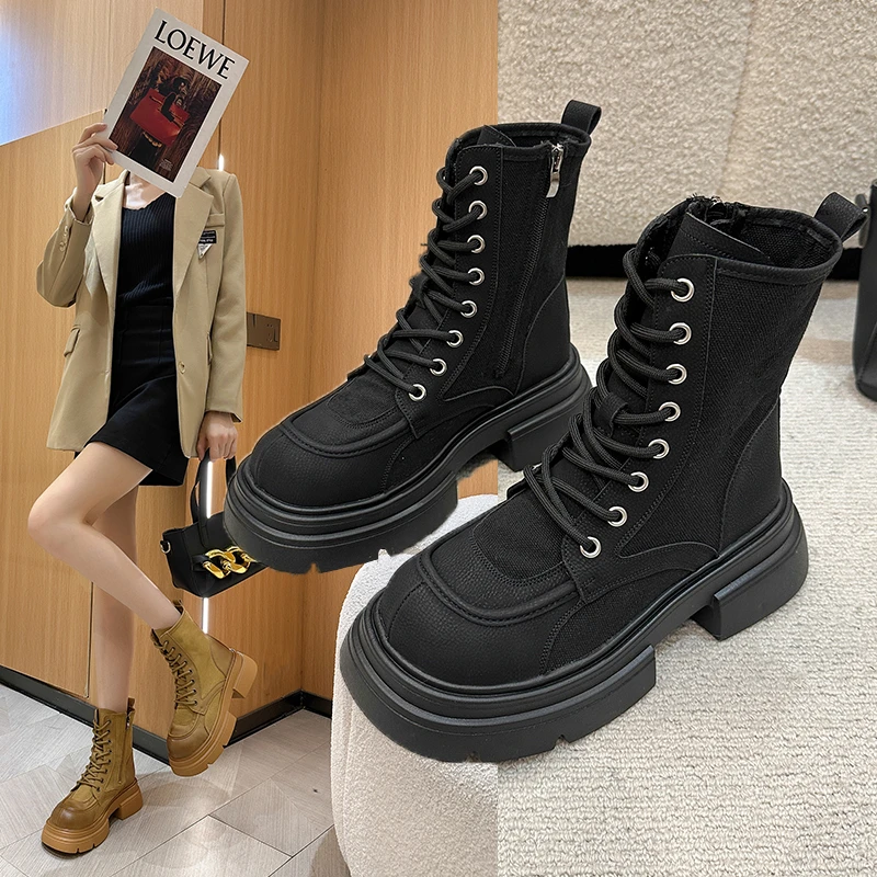 Boots Women New 2023 Luxury Designer Female Shoes Lace Up Winter Footwear Lolita Med Fashion Ladies Rubber Elegant Rock Riding R