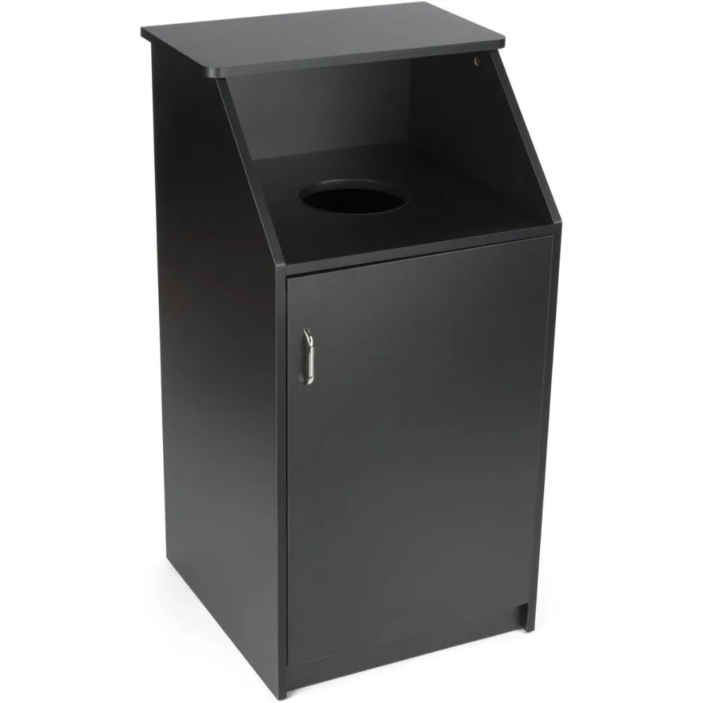 

Commercial Black Melamine Trash Bin with MDF Construction and Circular Cutout Hinged Door