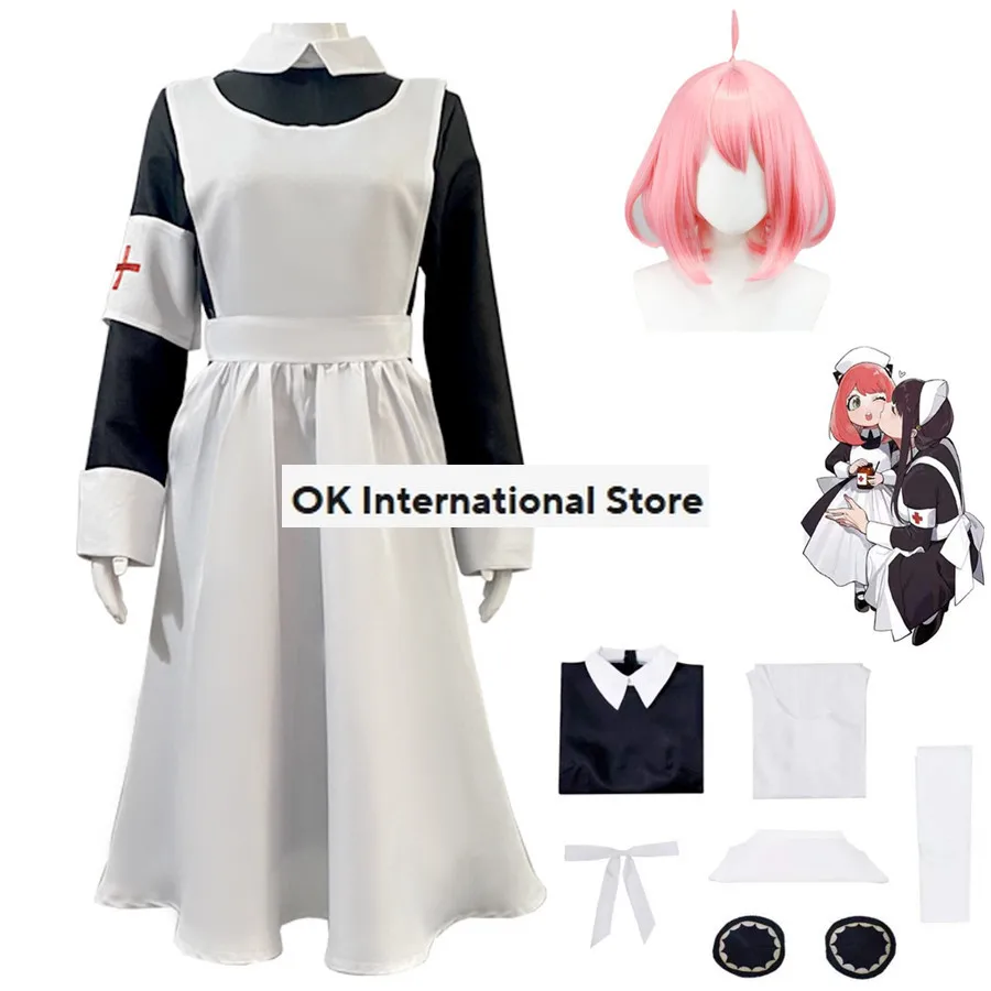 Anime SPY×FAMILY Anya Forger Cosplay Costume Apron Headdress Socks Bowtie Hat Wig Armband Man Woman Adult Kawaii Nurse Uniform