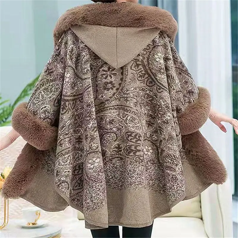 New In 2024 Autumn Winter Print Poncho Women Fashion Hooded Cloak Fur Spliced Cape Cardigan Female Shawl Coats Jackets T74