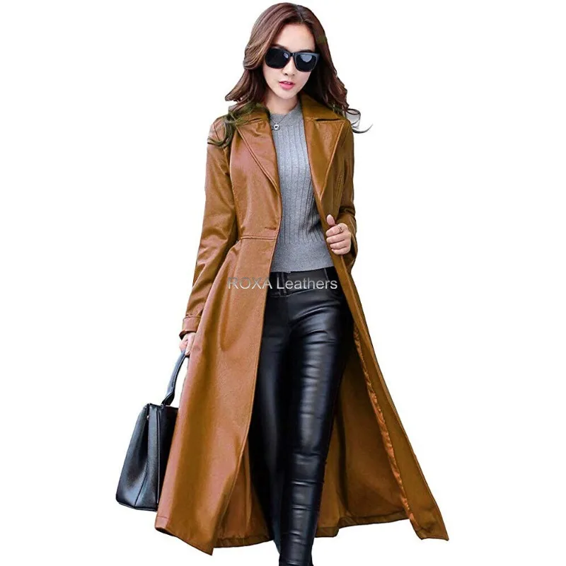 New Women's Genuine Lambskin Real Leather Long Trench Coat Overcoat Stylish Tan