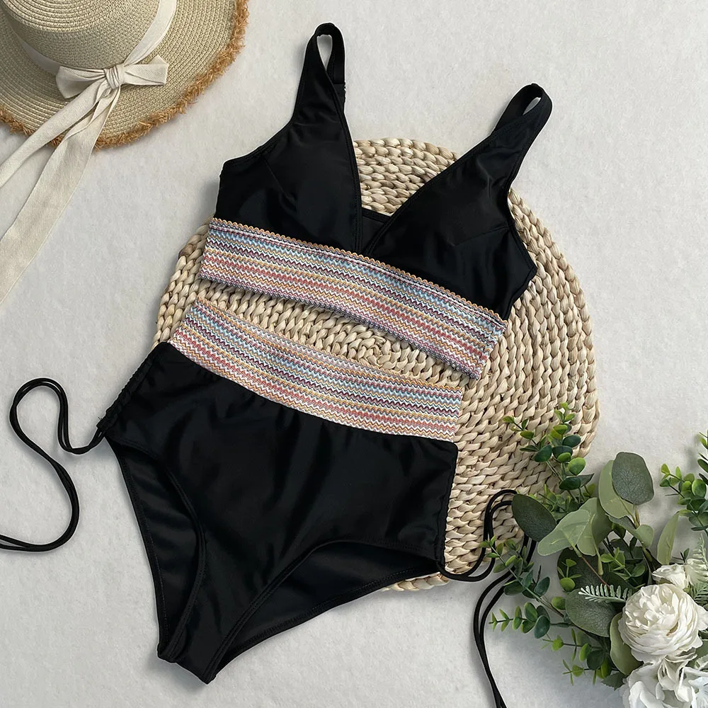Women High Waisted Bikini Sets Tummy Control V Neck Swimsuits Color Block Two Piece Drawstring Bathing Suit Women's Swimwear