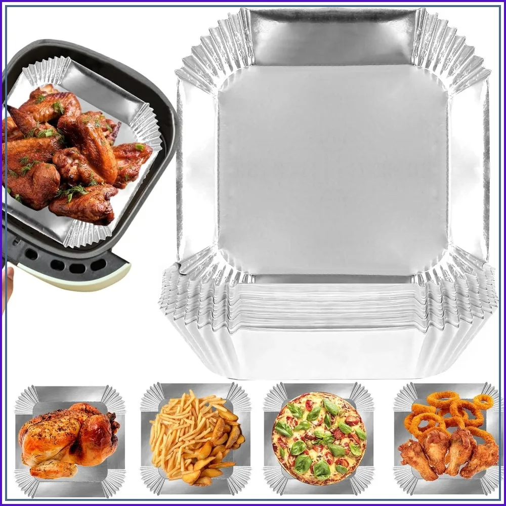 100Pcs 6.3" Square Aluminum Foil Air Fryer Liners, Non-stick Disposable Sheets for Baking, Frying, Grilling