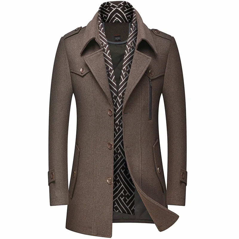 Gabardina gruesa para hombre, chaqueta de lana, cuello de bufanda, abrigo de longitud media, ropa cálida de invierno