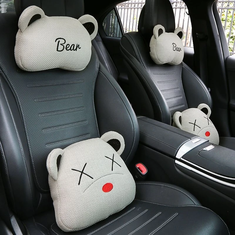 

Cute Cartoon Bear Car Headrest Neck Pillow, Soft Plush Auto Fashion Women Car Lumbar Support Cushion,