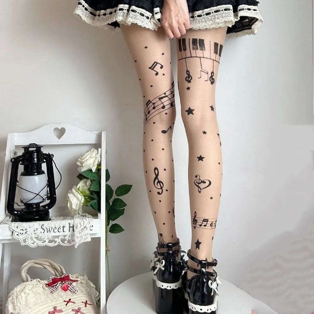 

Fashion Ultra-Thin Patterned Stockings Stretchy Fabric JK Style Pantyhose Symbol Print Music Note Tights Club Party
