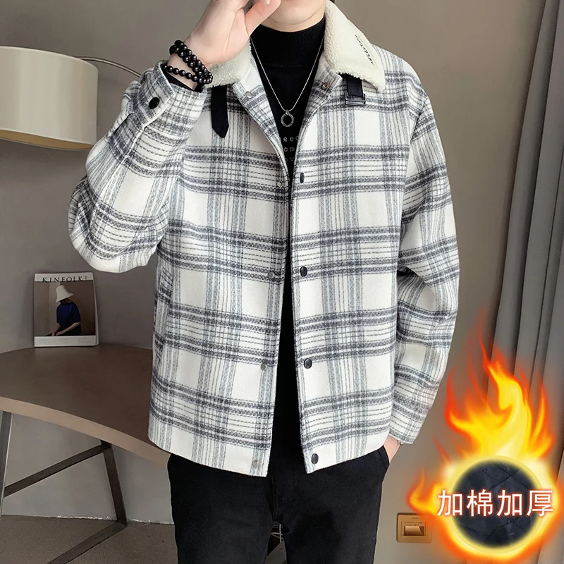 

2022 Plaid Short Mens Wool Trench Coat Jackets British Style Men Harajuku Loose Windbreaker Winter Steetwear Ropa De Hombre