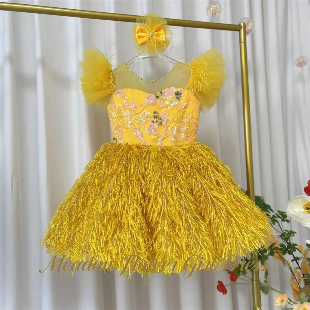 Meadow Yellow Pageant Dresses for Girl Round Neck Children Birthday Wedding Dresses with Feathers Ball Gown Party Tutu Dresses