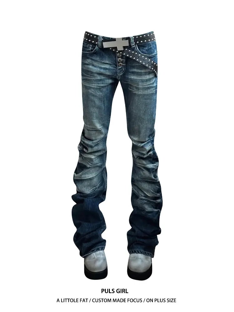 

Low Waist Washed Denim Jeans Women's Autumn Winter New Style Street Fashion Crack Wave Ruffle Long Pants Ladies Casual Wear