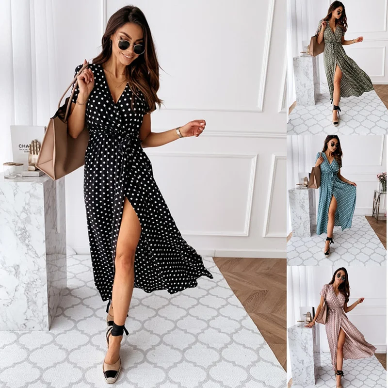 

Women's Long Polka Dot Dress, Sexy Dress, Short Sleeve, V-Neck Split, Bohemian, Beach, Summer, New