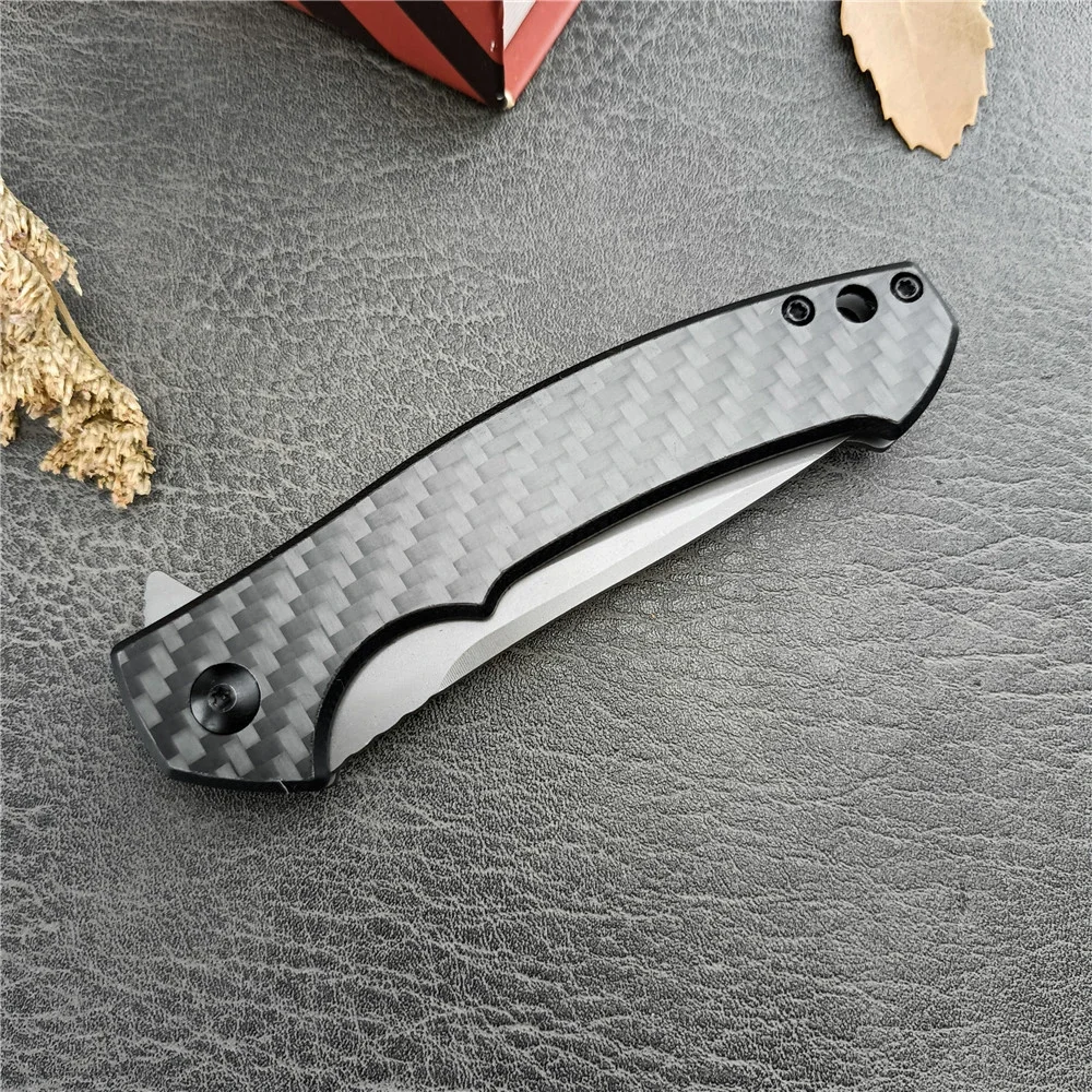 0450 CF Folding Knife 3.15” DLC-Coated 440C Blade Carbon Fiber Handle Scales KVT Ball Bearing Tactical Hunting EDC Tools