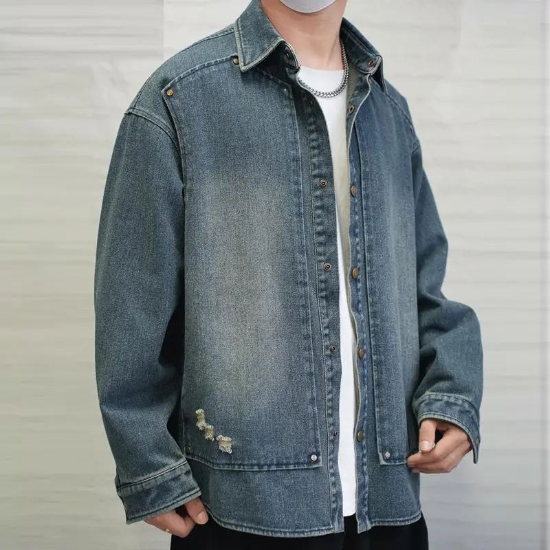 Korean Fashion Men Clothing Denim Coats Spring Autumn New Washed Vintage Rivet All-match High Street Lapel Hole Cowboy Jackets