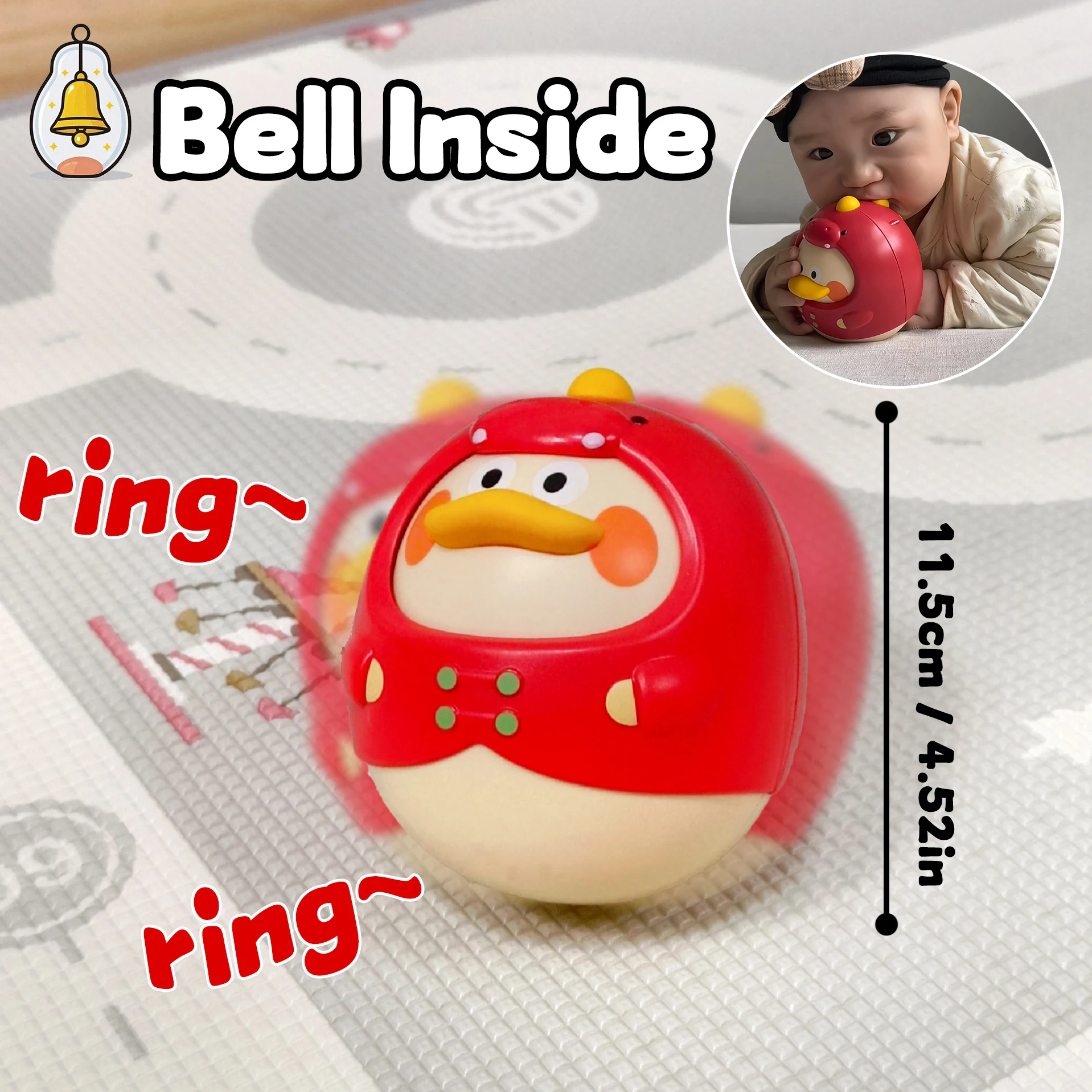 Dinosaurier-Enten-Tumbler-Beißring-Spielzeug mit Glockenrassel – Head-Up-Training und Krabbeltraining, sensorisches Babyspielzeug zur Entwicklung von Conc
