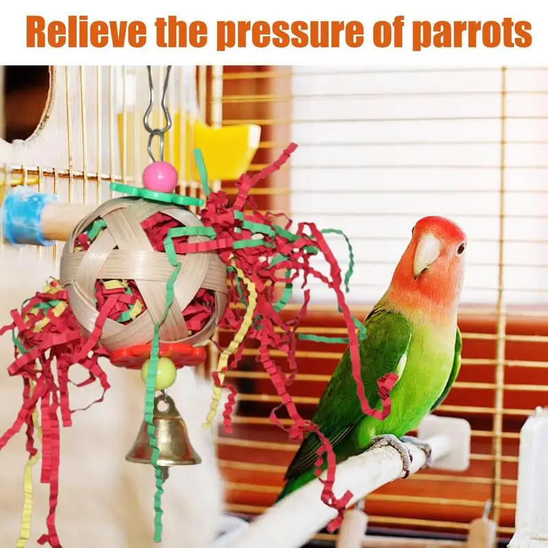 Parrot Foraging Toys Chew Shredder Ball For Sparrow Bird Chewing Toys Rattan Ball Bird Shredder Toy With Bell Suitable For