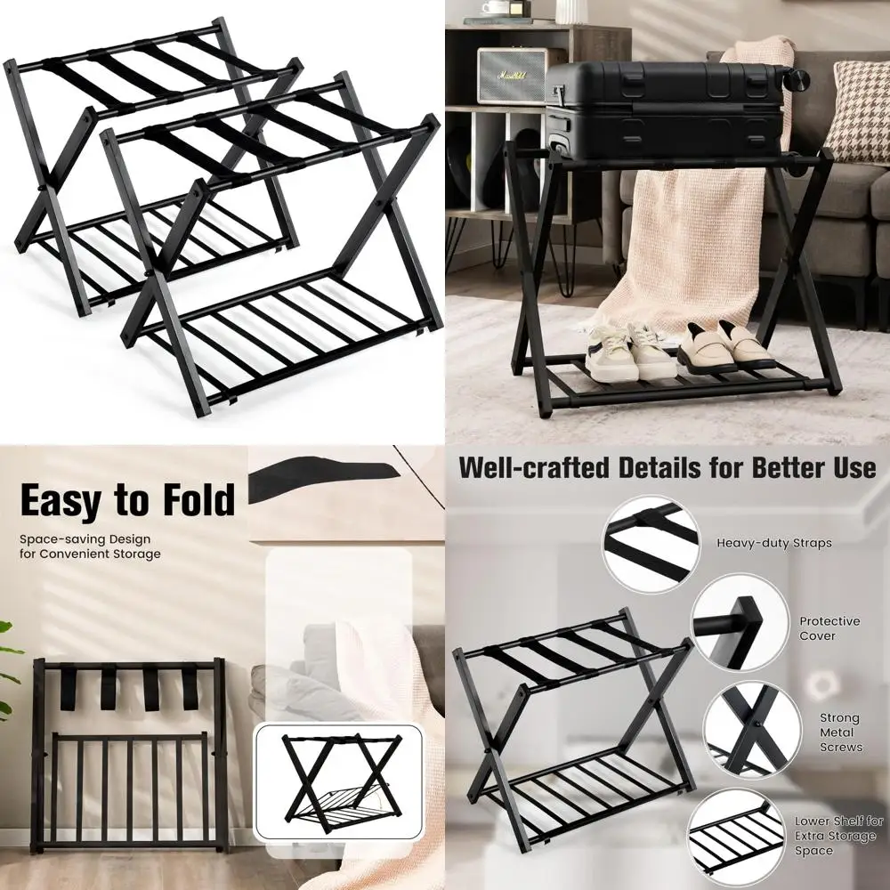 Two-Tier Luggage Rack with Storage, Durable Straps, Protective Cover, Large Capacity Suitcase Stand