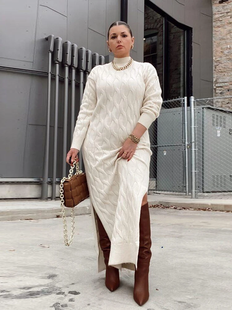 White Knitted Dress Lady Long and Elegant Plus Size Clothes Sweater Dresses for Women Thick Winter Dress Wholesale Dropshipping