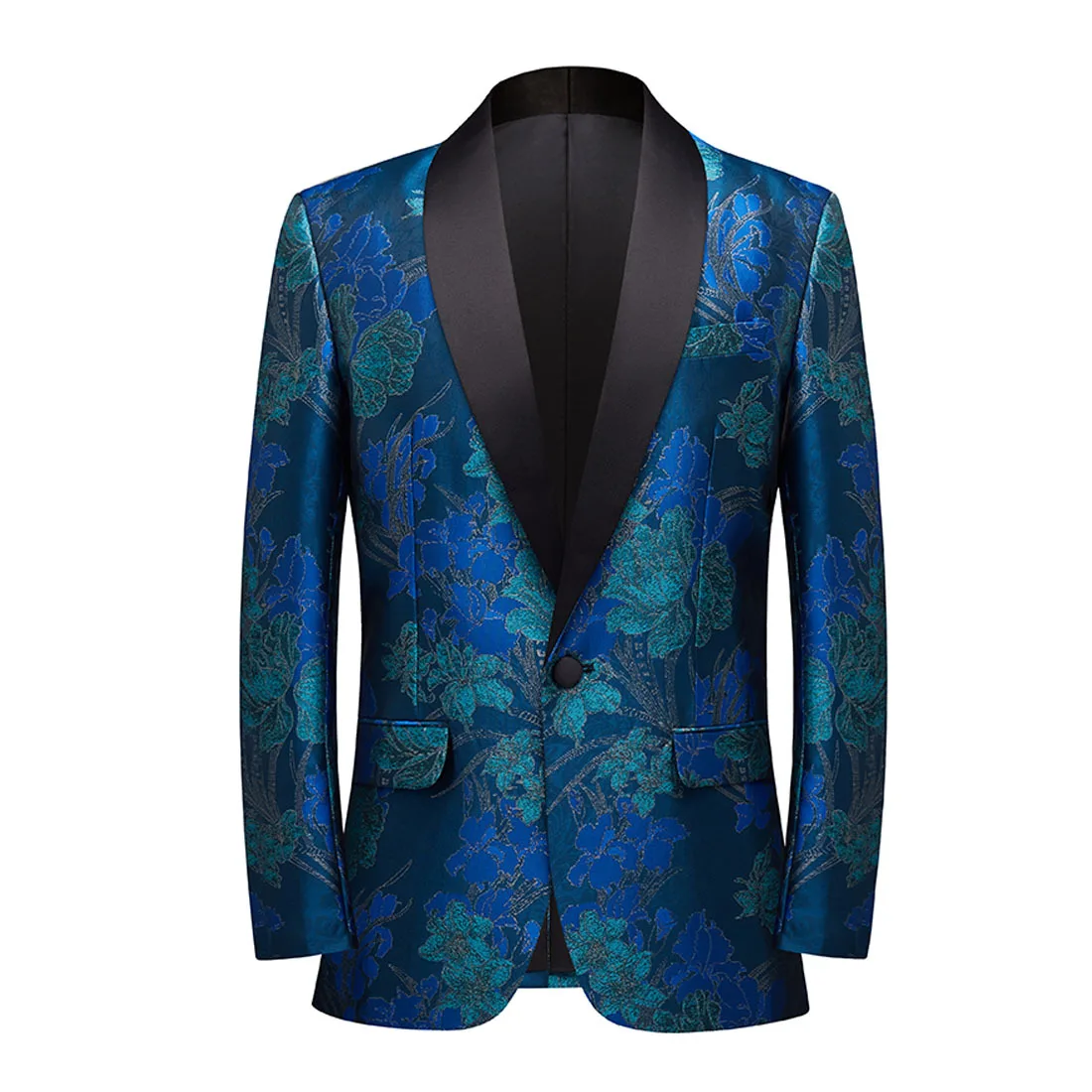 

Men's Blue Jacquard Floral Suit Coat Embroidery Tuxedo Blazer Shawl Collar Slim Male Wedding Banquet Host Slim Fit Suit Jackets