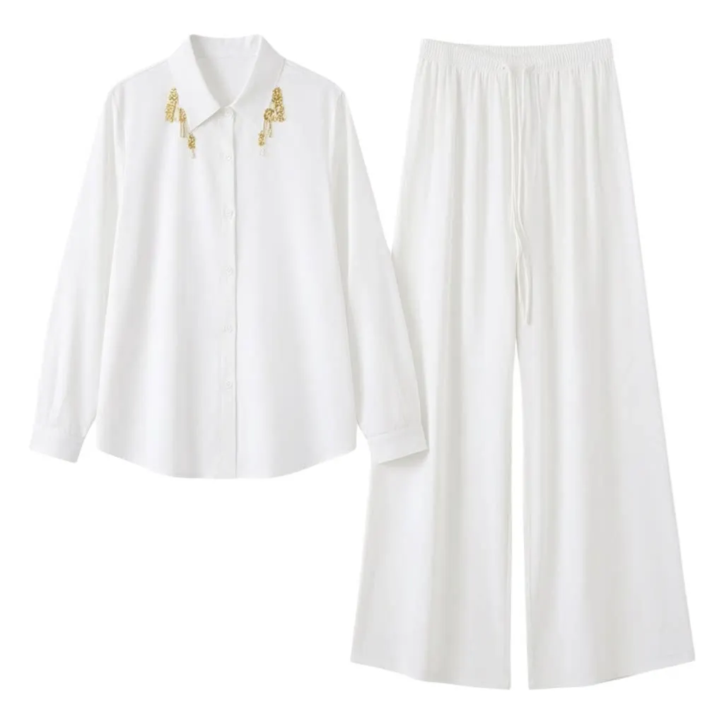 High Street 2pcs Set Women's Golden Buckle Shaped Metal Decoration Shirt Set, Simple and Relaxed Silky Two Piece Set
